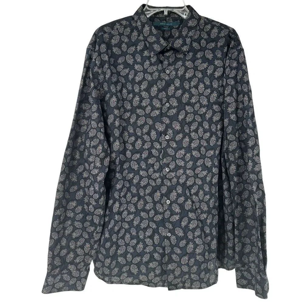 Perry Ellis Slim Fit Long Sleeve Button Up Shirt XXL Blue Abstract Pineapple Top
